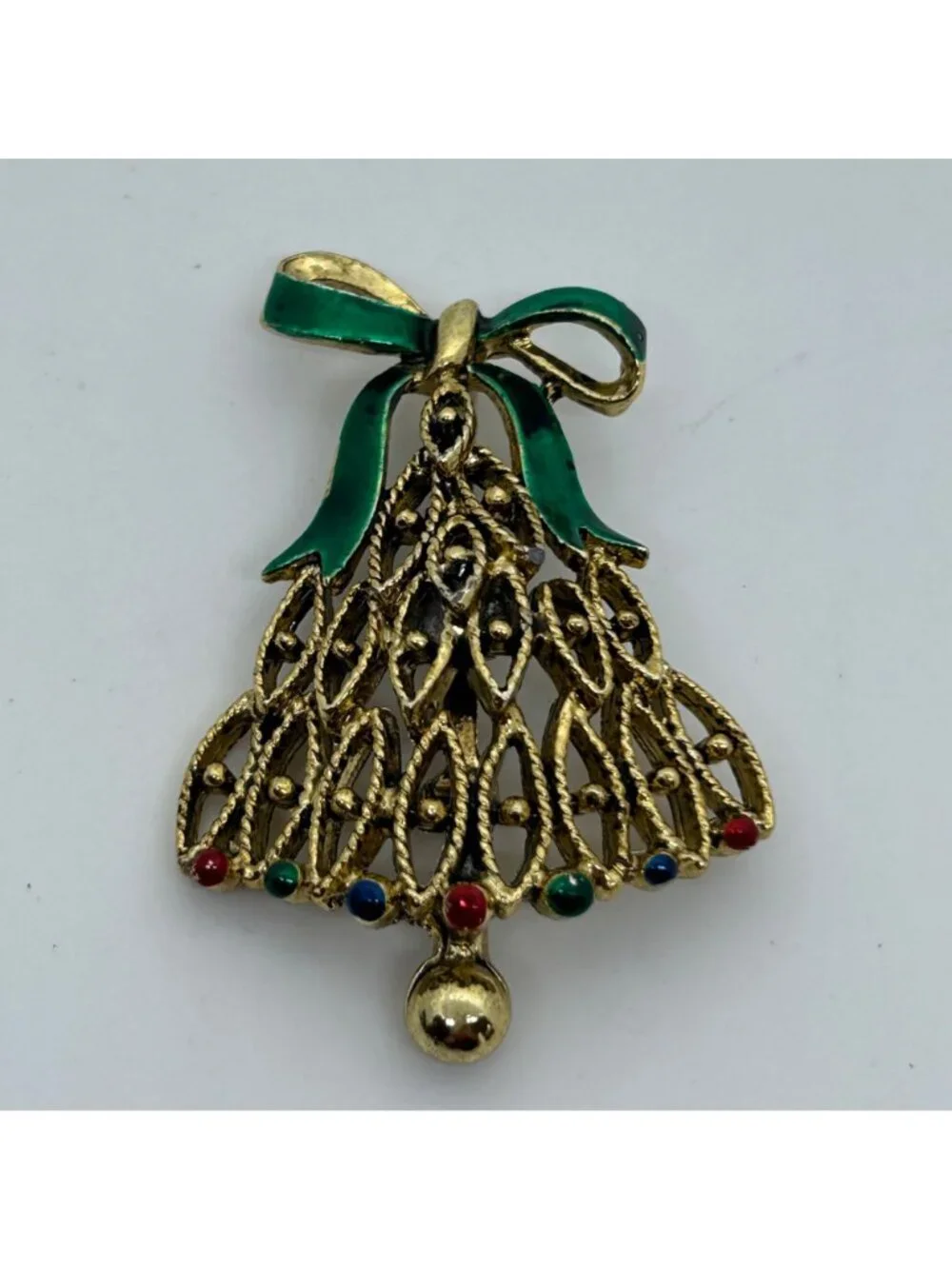 Vintage Christmas Tree Bell-Shape Brooch Gold Tone Green Enamel Bow Holiday Pin